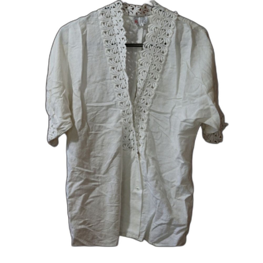 Otto Kern White Lacey Vintage Button Up Shirt LG Romantic Upcycle Project
